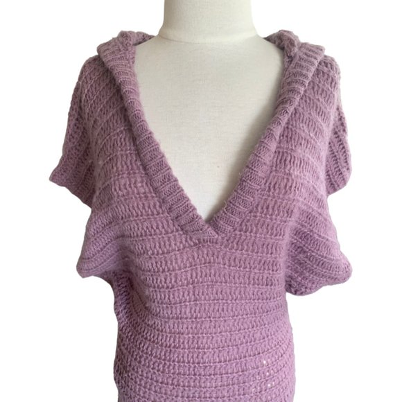 Free People Lavender Batwing Short Sleeve Hooded Loose Knit Wool Sweater - Picture 2 of 7